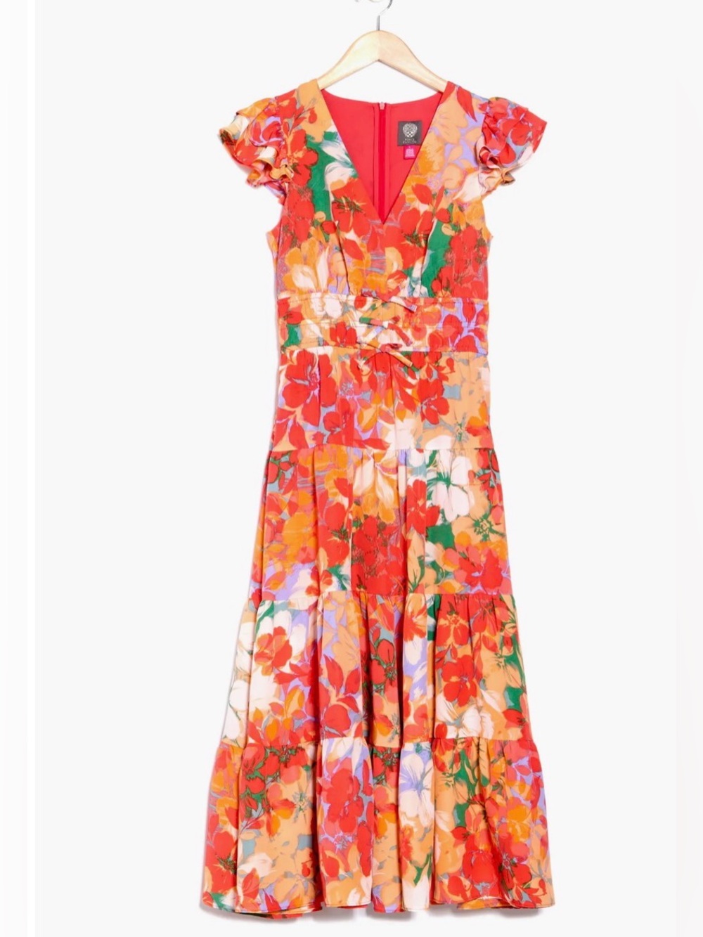Vince Camuto Floral Cap Sleeve Tiered Midi Dress in Coral Size 10